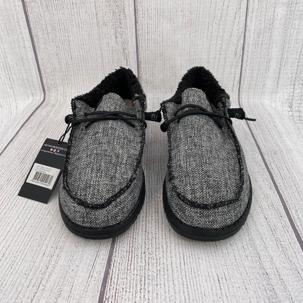 Hey Dude Wally Stitch Mens 12 Stormcloud Grey Faux Fur Lined Loafers Comfort